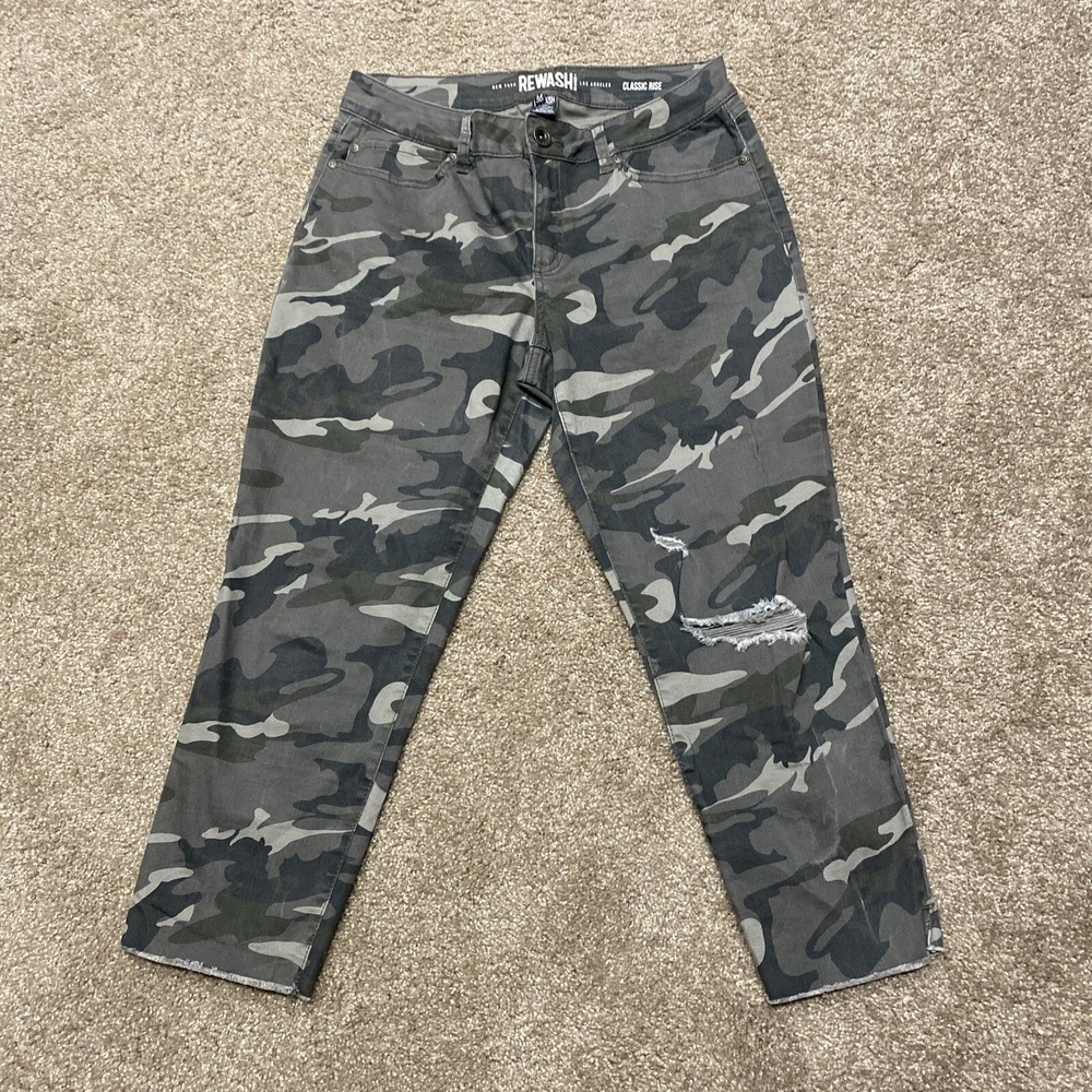 REWASH Camouflage Jeans Womens Size 11 Distressed Raw Edge Crop Camo Grunge Y2k